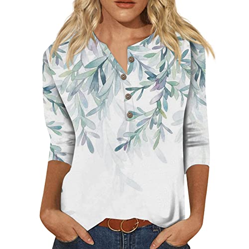 YunYoud Bluse 3/4 Arm Damen Blümchenmuster Druck T Shirt V-Ausschnitt Knopfleiste Blusenshirt Elegant Sommer Oberteile Loose Fit Longshirt Regular Fit Blusentop Sommertops Damen Luftig von YunYoud