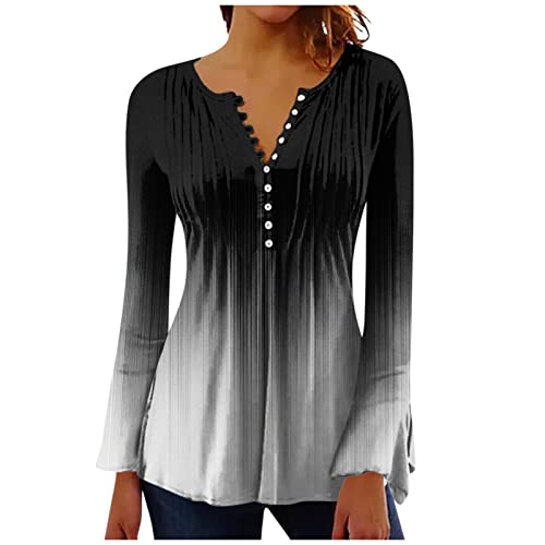 YunYoud Bluse Damen Elegant， V-Ausschnitt Blumen Bedruckt Knopfleiste Langarmshirt A Linien Plissiertes Langarm T Shirt Slim Sommer Oberteile Casual Tunika Tops Boho Tops Ethnic Oversize Bluse von YunYoud