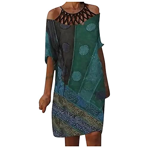 YunYoud Damen Kleid Sommerkleider Halber Ärmel Sommerkleid Aushöhlen Rundhals Freizeitkleider Knielang Blusenkleid Damen Boho Retro Blumen Drucken Lässig Plus Größe Lose Tuchkleid Kleider Sommer von YunYoud