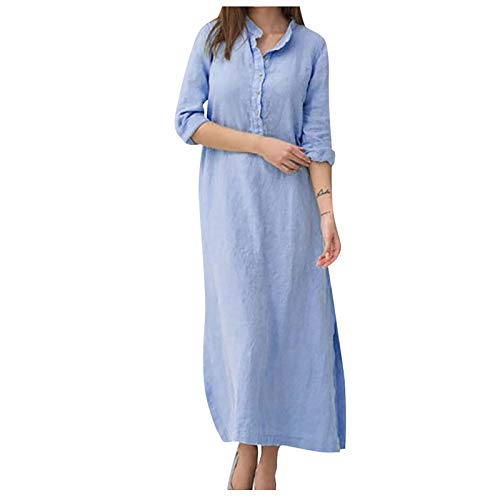 YunYoud Damen Leinen Baumwolle Kleid Beiläufige Halber Ärmel Lose Maxikleider Taste Kragen Lang Maxi Kleid Damen Kaftan Hemdkleid Langärmliges Schlichtes übergroßes Hemdkleid von YunYoud