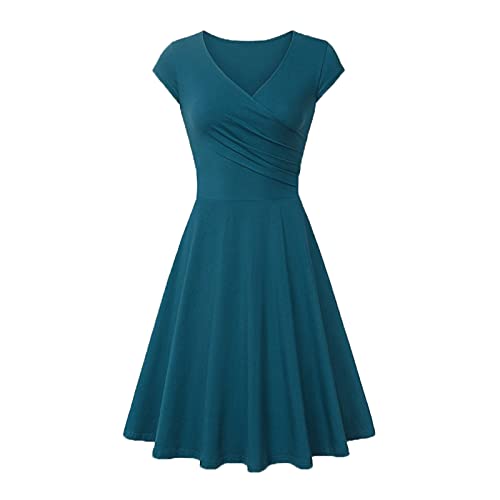 YunYoud Sommerkleid Damen Lang Blaues Kleid Strandkleid V-Ausschnitt Einfarbiges Ärmellos Cocktailkleid A Linien Plissiertes Tunika Kleid Tailliert Ballkleider Midikleid Wedding Dress (Blau S von YunYoud