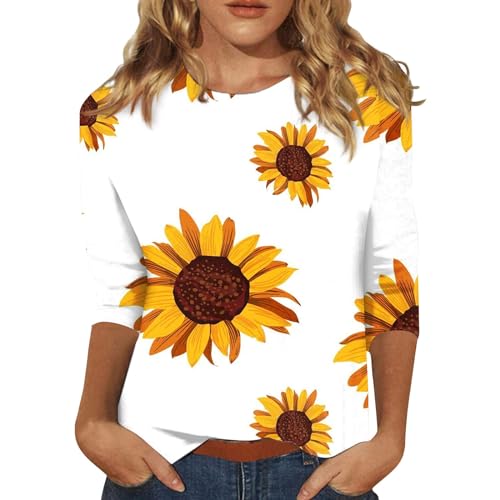 YunYoud T-Shirt Damen Tops Y2K Shirtkleid Damen Sonnenblume Druck 3/4 Arm Bluse Rundhalsausschnitt Dreiviertelarm Shirt Locker Trachtenshirt Festliche Oberteile Blusentop (Weiß, L) von YunYoud