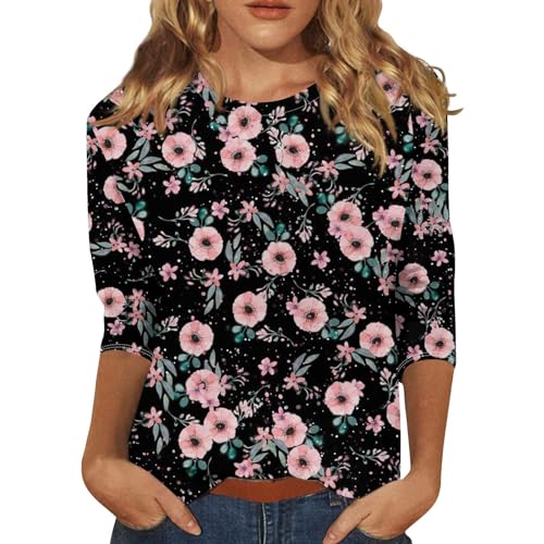 YunYoud T-Shirts Für Damen Oversized Tshirt Damen Poloshirts Für Damen Sonnenblume Druck 3/4 Arm Bluse Rundhalsausschnitt Dreiviertelarm Shirt Locker Trachtenshirt Y2K Top (Pink, L) von YunYoud