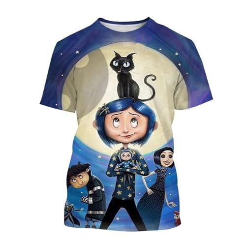 Yuogkk T-Shirt Coraline Unisex Retro Rundhalsausschnitt Sweatshirt, Baumwolle Fun Print Muster Shirt Terror 3D Cartoon Kurzarm Rollenspiel Sportbekleidung Trendy Streetwear-Black||XXS von Yuogkk