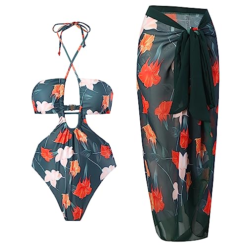 2-teiliger Damen-Badeanzug, gerüscht, Push-Up-Bikini, Bademode, hohe Taille, Tankinis-Set, Spaghettiträger-Badeanzug mit Rock von Ywmsfl