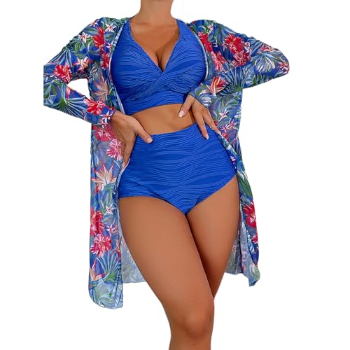 3-teiliger Damen-Badeanzug mit Bauchkontrolle, lange Ärmel, Kimono, Cardigan, Blumen-Bademode, hohe Taille, Boyshort von Ywmsfl