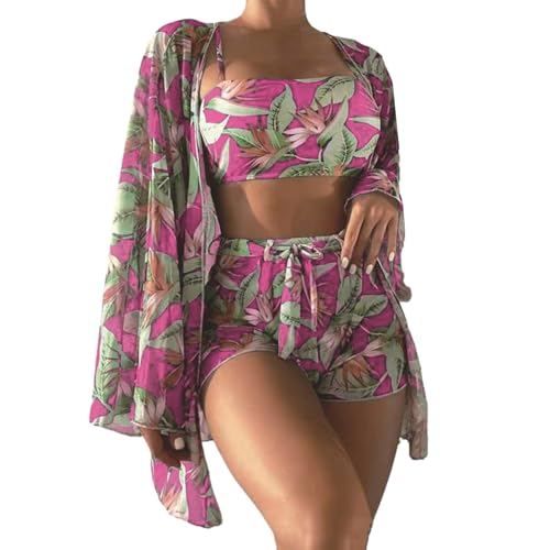 4-teiliges Damen-Bikinis-Badeanzug-Set mit Badeshorts und langem Kimono, Blumendruck von Ywmsfl