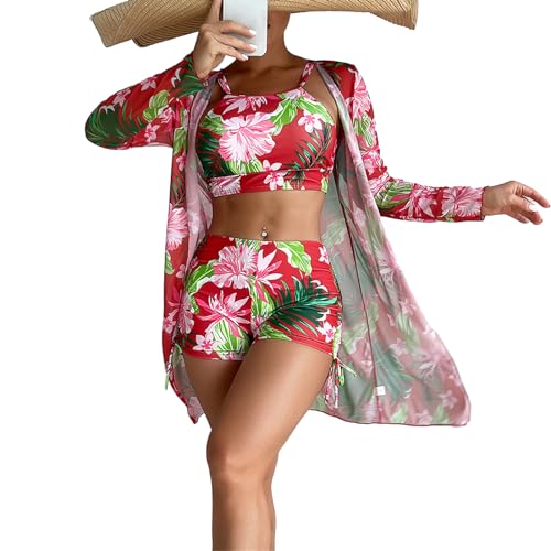 Ywmsfl Damen-Badeanzug mit Blumenmuster, Badehosen, Bikinis-Set, 3-teilig, geteilter Badeanzug mit Kimono-Up von Ywmsfl