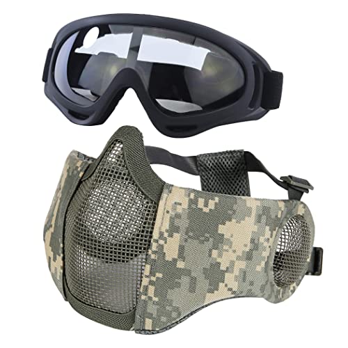 Yzpacc Taktische Airsoft Maskenbrille Set, Verstellbare Halbgesichtsmaske mit Ohrenschutz, Anti-UV, Airsoft Gläser, Augenschutz für Airsoft/BB/CS-Spiele/Jagd/Paintball/Shooting(ACU & Schwarz) von Yzpacc