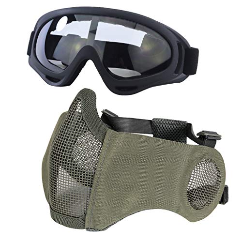 Yzpacc Taktische Airsoft Maskenbrille Set, Verstellbare Halbgesichtsmaske mit Ohrenschutz, Anti-UV, Airsoft Gläser, Augenschutz für Airsoft/BB/CS-Spiele/Jagd/Paintball/Shooting (Grün & Schwarz) von Yzpacc