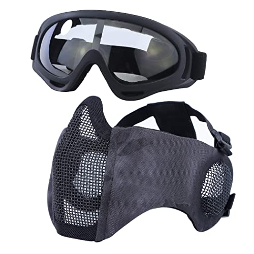 Yzpacc Taktische Airsoft Maskenbrille Set, Verstellbare Halbgesichtsmaske mit Ohrenschutz, Anti-UV, Airsoft Gläser, Augenschutz für Airsoft/BB/CS-Spiele/Jagd/Paintball/Shooting (TY) von Yzpacc