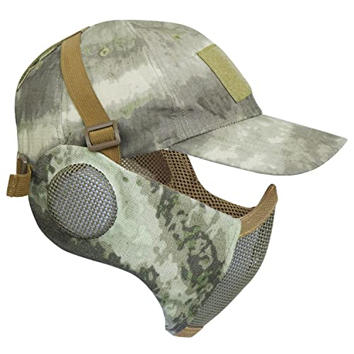 Yzpacc Airsoft Halbgesichtsmaske und Patch-Hut Set Stahlgeflecht Maske mit Ohrenschutz und Baseballkappe Taktische Schutzmaske für CS Spiel BB Gun Paintball Jagd Schießen von Yzpacc