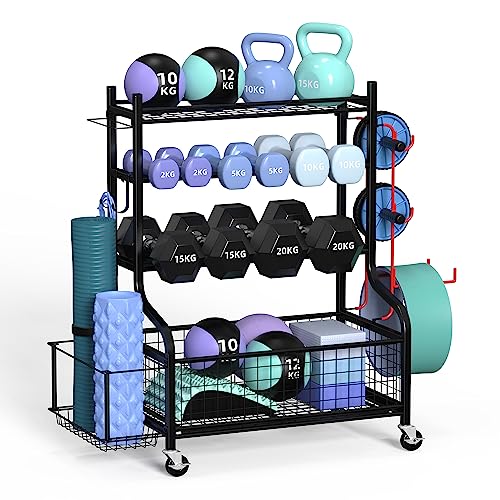 ZACHVO Hantelablage - Home Gym Aufbewahrung Gewichtsständer mit 360° Rädern, 8 Haken, Yogamatte & Ausrüstungsaufbewahrung, Platzsparender Fitness Organizer für Hanteln, Kugelhanteln, Yoga-Blöcke & ZACHVO Hantelablage - Home Gym Aufbewahrung Gewichtsständer mit 360° Rädern, 8 Haken, Yogamatte & Ausrüstungsaufbewahrung, Platzsparender Fitness Organizer für Hanteln, Kugelhanteln, Yoga-Blöcke & von ZACHVO