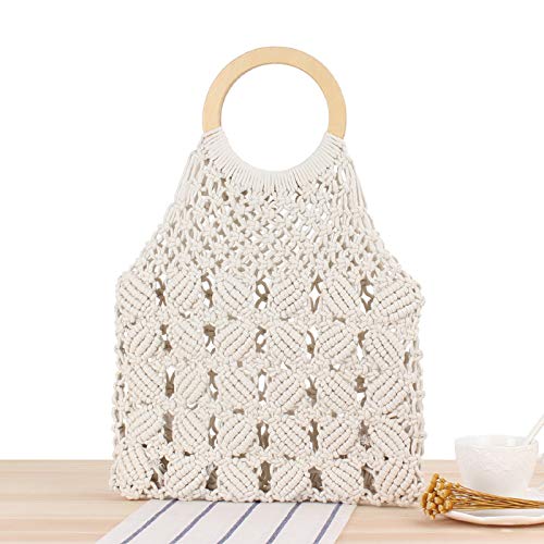 ZACUNXY Strohtasche，Strohtaschen Damen Massivfarbe tragbare gewebte Tasche Flut weibliche Sen gitterpaket handgefertigte Baumwolle Seil Strand beiläufige Tasche(White) von ZACUNXY