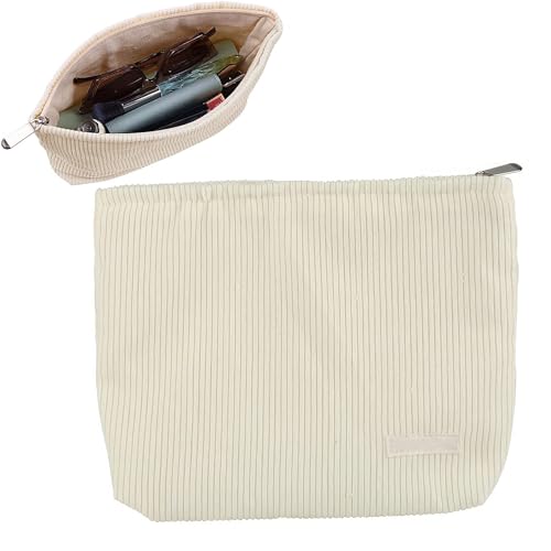 1 Stück Corduroy Kosmetiktasche, Mini-Kosmetiktasche, Corduroy-Kulturtasche, Einfacher Leinwand-Organizer-Beutel, Tragbare Reißverschlusstasche für Reisen, für Frauen und Mädchen (Weiß) von ZEACCT