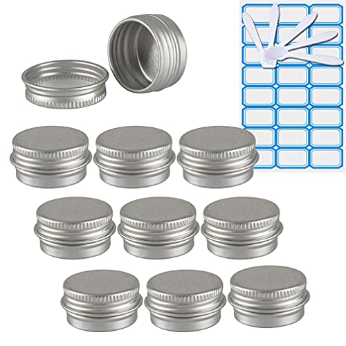 ZEOABSY 10 Stück Leere 5 ml Rund Silber Aluminium Tins mit Schraub-Deckel Schraubdose Cremedose Alu-Tiegel Dosen Aludose Blechdosen für Kosmetik Kerze Salben 5X Spatel, 1x Etikette von ZEOABSY