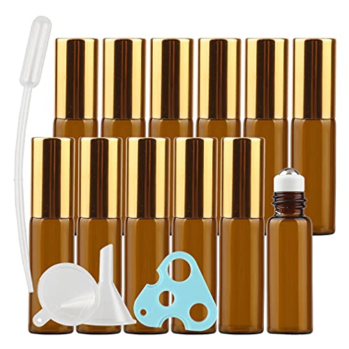 ZEOABSY 12 Stück 5ml Leer Braune Amber Roll-On Glasflaschen Ätherisches Öl Flaschen mit Gold Schraubverschluss, Edelstahl Kugel, für Parfüm & Aromatherapie + 2 x Trichter, 1 x Öffner, 1 x Pipetten von ZEOABSY