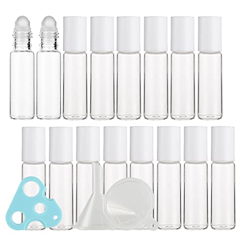 ZEOABSY 12 Stücke 5ml Transparent Ätherische Öle Roller Flaschen Mit Weiß Schraubverschluss Glasflaschen Parfümflasche Reiseflaschen für Aromatherapie Fläschchen + 2 x Trichter, 1 x Öffner von ZEOABSY