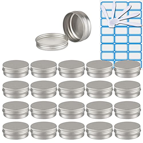 ZEOABSY 20 Stück Leere 40 ml Rund Silber Aluminium Tins mit Schraub-Deckel Schraubdose Cremedose Alu-Tiegel Dosen Aludose Blechdosen für Kosmetik Kerze Salben 5X Spatel, 1x Etikette von ZEOABSY