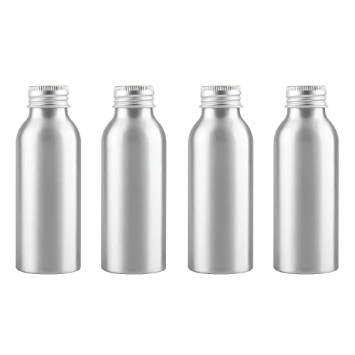 ZEOABSY 4 Stück 100 ml Leere Rund Silber Aluminium Flasche mit Aluminium Schraubdeckel Silber, 100ml Schraubflaschen aus Aluminium zum befüllen für Kosmetik Essenzen Öle Badezimmer Hotel Reisen von ZEOABSY