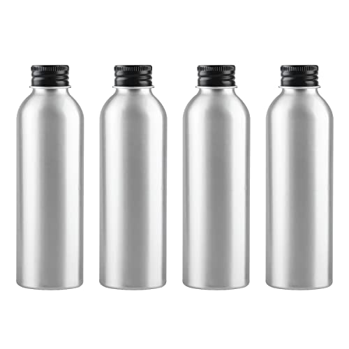 ZEOABSY 4 Stück 150 ml Leere Rund Silber Aluminium Flasche mit Aluminium Schraubdeckel Schwarz, 150ml Schraubflaschen aus Aluminium zum befüllen für Kosmetik Essenzen Öle Badezimmer Hotel Reisen von ZEOABSY