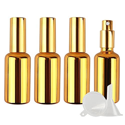 ZEOABSY 4 Stück 50ml UV-Beschichtetes Gold Glas Sprühflaschen & 1 Stück Trichter, 50 ml Leer Glas Nachfüllbar Zerstäuber Sprayflasche Reisen Heim Parfumzerstäuber von ZEOABSY