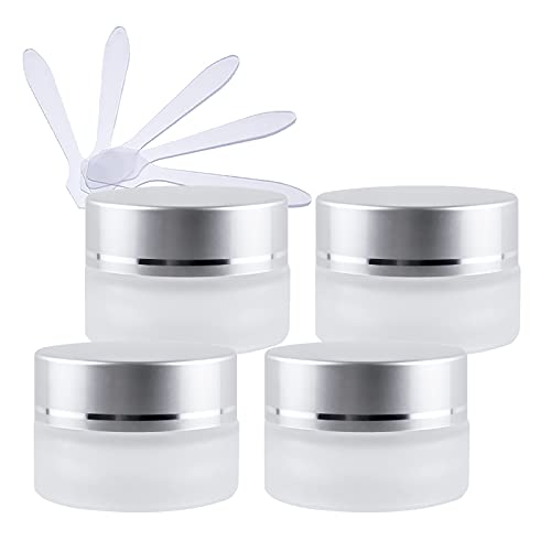 ZEOABSY 4 Stück Leere Matt Transparent Glas Cremedose 5ml mit Matt Silber Deckel, Klarglas Schraubdeckel Glas-Tiegel Schraubdose Glas-Dose Salbentiegel Kosmetik Dose für Gels Cremes + 4X Spatel ZEOABSY 4 Stück Leere Matt Transparent Glas Cremedose 5ml mit Matt Silber Deckel, Klarglas Schraubdeckel Glas-Tiegel Schraubdose Glas-Dose Salbentiegel Kosmetik Dose für Gels Cremes + 4X Spatel von ZEOABSY