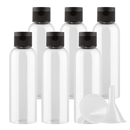 ZEOABSY 6 Stück Leer 100ml Transparent PET Kunststoff Flasche mit Schwarz Klappdeckel, Runden Tragbare Flasche für Kosmetische Flüssigkeiten Öl Reisen von ZEOABSY