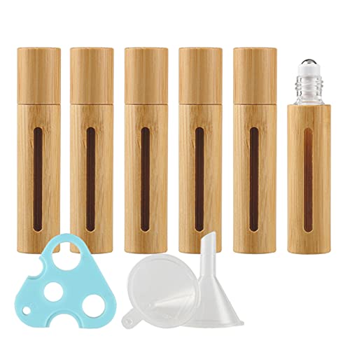 ZEOABSY 6 Stück Leere 10 ml klarglas Roller Flaschen mit Bambusschale, Natur Bambus Roll-On Glasflaschen mit Edelstahl-Roller, für Ätherische Essential Oil, Aromatherapie + 1x Trichter, 1x Öffner von ZEOABSY