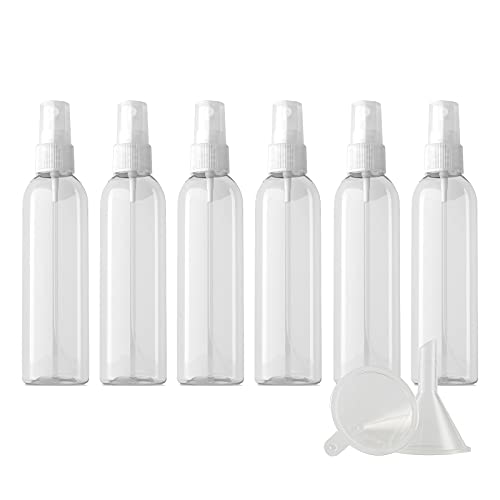 ZEOABSY 6 Stück Transparent Plastik Sprühflaschen mit Klar Sprüher, 150 ml Leer Kunststoff Nachfüllbar Zerstäuber Sprayflasche Reisen Heim Parfumzerstäuber mit 1 x Trichter von ZEOABSY