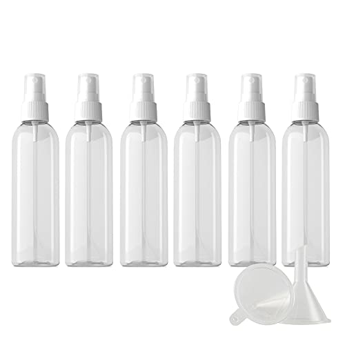 ZEOABSY 6 Stück Transparent Plastik Sprühflaschen mit Weiß Sprüher, 200 ml Leer Kunststoff Nachfüllbar Zerstäuber Sprayflasche Reisen Heim Parfumzerstäuber mit 1 x Trichter von ZEOABSY