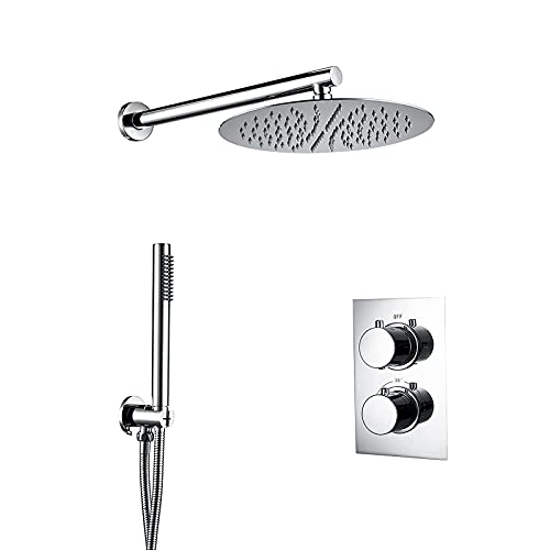 Duschset Thermostatisches Duschsystem Verdecktes Duschhahn-Set mit Handbrause und rundem Regenduschkopf Dusch-Kombi-Set Wandmontage Wanne und Duschverkleidungsset, Chrom, 10 Zoll von ZERAPH