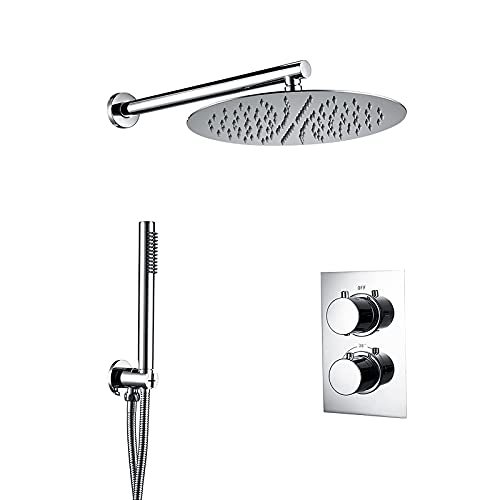 Duschset Thermostatisches Duschsystem Verdecktes Duschhahn-Set mit Handbrause und rundem Regenduschkopf Dusch-Kombi-Set Wandmontage Wanne und Duschverkleidungsset, Chrom, 12 Zoll von ZERAPH