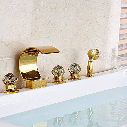 ZERAPH Duschset Badewannenarmatur Goldener Badewannenarmatur Wasserfall Weit verbreiteter Wannenhahn Deckmontierte herausziehbare Handbrause Badewannen-Duschset 3 Griffe,Gold Modell C von ZERAPH