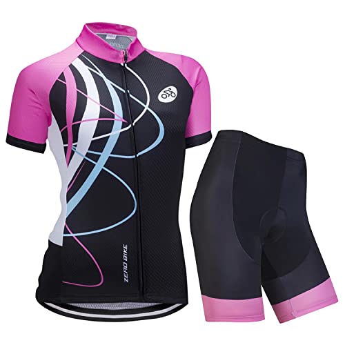 Damen Atmungsaktiv Schnelltrocknend Fahrradtrikot Set, Outdoor Kurzarm Radsport-Shirt + 3D Gel Gepolsterte Kurze Hose Fahrradhose, XL, Galoppierendes Rosa von ZEROBIKE