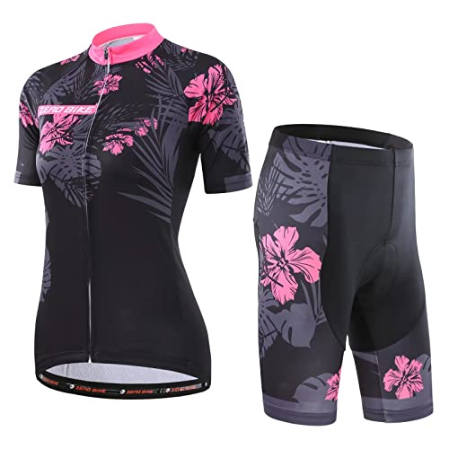 Damen Atmungsaktiv Schnelltrocknend Fahrradtrikot Set, Outdoor Kurzarm Radsport-Shirt + 3D Gel Gepolsterte Kurze Hose Fahrradhose, L, Azalee von ZEROBIKE