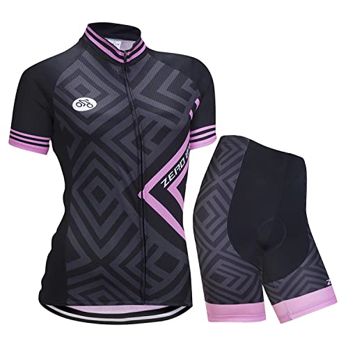 Damen Atmungsaktiv Schnelltrocknend Fahrradtrikot Set, Outdoor Kurzarm Radsport-Shirt + 3D Gel Gepolsterte Kurze Hose Fahrradhose, S, Diamantrosa Damen Atmungsaktiv Schnelltrocknend Fahrradtrikot Set, Outdoor Kurzarm Radsport-Shirt + 3D Gel Gepolsterte Kurze Hose Fahrradhose, S, Diamantrosa von ZEROBIKE
