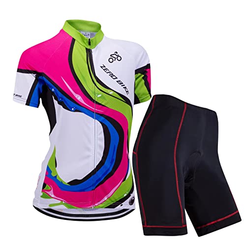 ZEROBIKE Damen Atmungsaktiv Schnelltrocknend Fahrradtrikot Set, Outdoor Kurzarm Radsport-Shirt + 3D Gel Gepolsterte Kurze Hose Fahrradhose (Farbbalken, XL) von ZEROBIKE