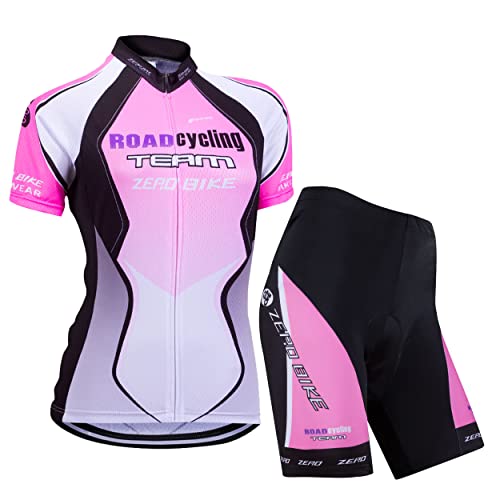 ZEROBIKE Damen Atmungsaktiv Schnelltrocknend Fahrradtrikot Set, Outdoor Kurzarm Radsport-Shirt + 3D Gel Gepolsterte Kurze Hose Fahrradhose (Farbverlauf Lila, S) von ZEROBIKE