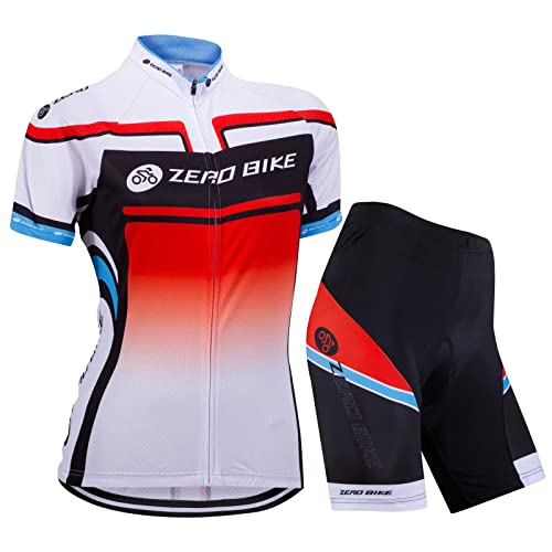 Damen Atmungsaktiv Schnelltrocknend Fahrradtrikot Set, Outdoor Kurzarm Radsport-Shirt + 3D Gel Gepolsterte Kurze Hose Fahrradhose (Gabelung, XL) von ZEROBIKE