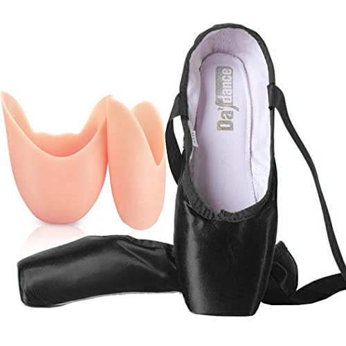 ZESLIV Ballettschuhe mit Silikon Zehenpads für Mädchen Kinder Damen Schwarz Satin Spitzenschuhe Tanzschuhe Ballettschläppchen Gr.31-43 von ZESLIV