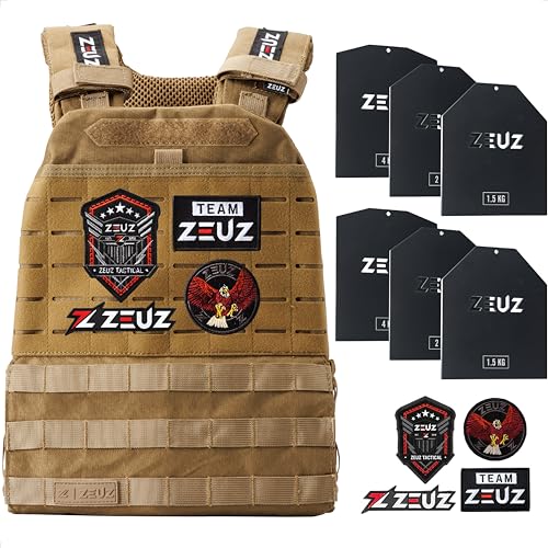 ZEUZ Verstellbare Gewichtsweste 16,5 KG für Fitness, Calesthenics & CrossFit - Weights Plattenträger, Taktische Weste, Plate Carrier & Tactical Gewicht Vest - Enthält 4 Patches - 19 Gewichte - Beige von ZEUZ