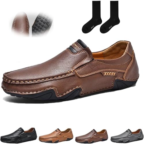 ZHCBAUA Handgefertigte Herren-Mokassins für den Außenbereich, Mokassins für Herren, Leder, flache Schlupfschuhe, breite Zehen, Wanderschuhe, lässig, Business, Arbeitsschuhe (38 EU, braun) von ZHCBAUA