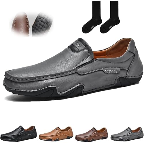 ZHCBAUA Handgefertigte Herren-Mokassins für den Außenbereich, Mokassins für Herren, Leder, flache Schlupfschuhe, breite Zehen, Wanderschuhe, lässig, Business, Arbeitsschuhe (42 EU, Grau) von ZHCBAUA