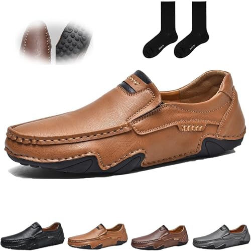 ZHCBAUA Handgefertigte Herren-Mokassins für den Außenbereich, Mokassins für Herren, Leder, flache Schlupfschuhe, breite Zehen, Wanderschuhe, lässig, Business, Arbeitsschuhe (43 EU, Hellbraun) von ZHCBAUA