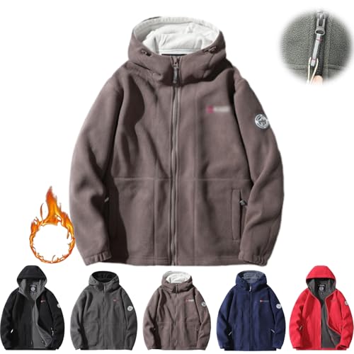 ZHCBAUA Herren-Kapuzenjacke, doppellagig, Fleece, Uni, 360 Grad, ultra-warme Sherpa-Kapuzenjacke, winddicht, durchgehender Reißverschluss, Polar-Sweatshirts (Khaki, XL) von ZHCBAUA