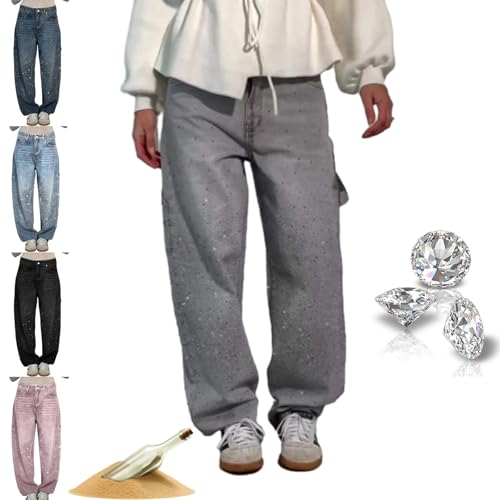 ZHCBAUA Lässige Harems-Jeans für Damen, Strass, hohe Taille, gerades Bein, glitzernde Pailletten, Hose für Damen (Grau, L) von ZHCBAUA