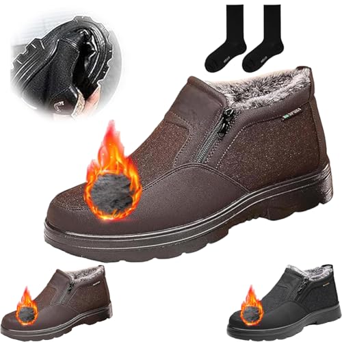 ZHCBAUA Orthopädische warme Schneestiefel für Herren, wasserdicht, rutschfest, Winter-Fleece-Schuhe, Barfuß, warm, Winter, Pelzfutter, Stiefeletten mit seitlichem Reißverschluss (Braun, 42 EU) von ZHCBAUA