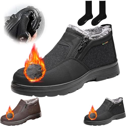 ZHCBAUA Orthopädische warme Schneestiefel für Herren, wasserdicht, rutschfest, Winter-Fleece-Schuhe, Barfuß, warm, Winter, Pelzfutter, Stiefeletten mit seitlichem Reißverschluss (Schwarz, 44 EU) von ZHCBAUA