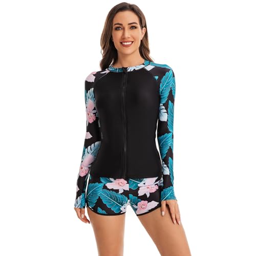 ZHENJIHE Tankini-Badeanzug für Damen, Blumenmuster, zweiteilig, Bauchkontrolle, Bademode mit Shorts, Reißverschluss vorne, Tankini-Badeanzug von ZHENJIHE